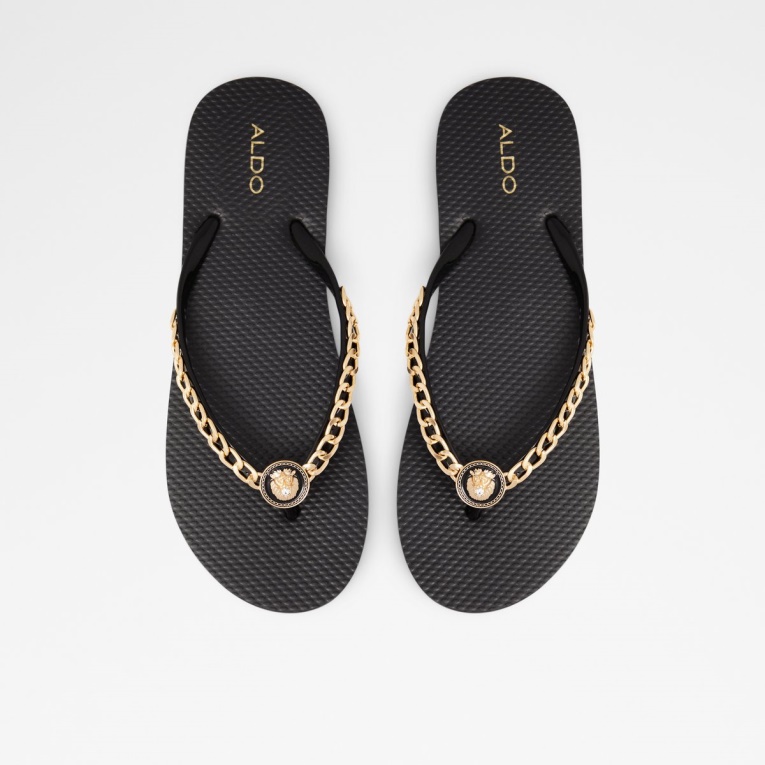 Sandalias Planas Enaldar De Nueva Llegada En Negro Y Oro Multi Moda De Aldo